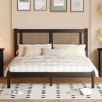 Letto a piattaforma matrimoniale in legno con testiera in rattan naturale, eleganza squisita con fascino minimalista per la camera da letto