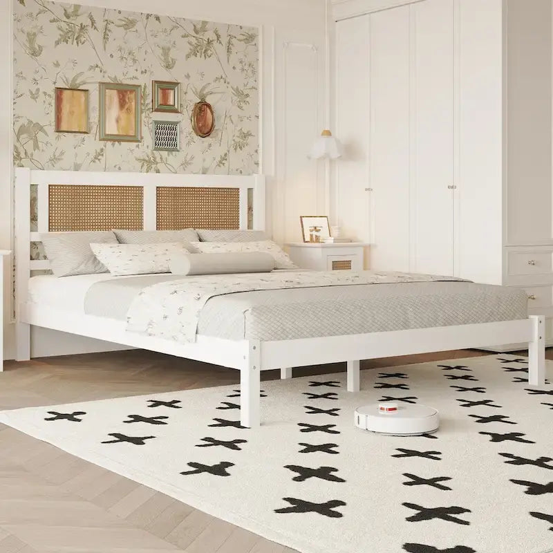 Letto a piattaforma matrimoniale in legno con testiera in rattan naturale, eleganza squisita con fascino minimalista per la camera da letto