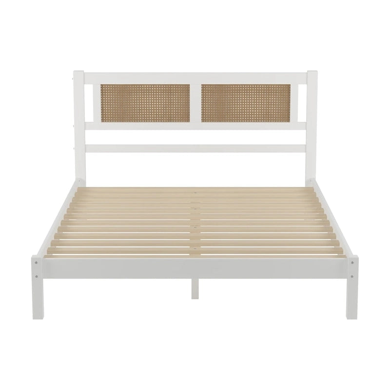 Letto a piattaforma matrimoniale in legno con testiera in rattan naturale, eleganza squisita con fascino minimalista per la camera da letto