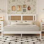 Letto a piattaforma matrimoniale in legno con testiera in rattan naturale, eleganza squisita con fascino minimalista per la camera da letto