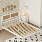 Letto a piattaforma matrimoniale in legno con testiera in rattan naturale, eleganza squisita con fascino minimalista per la camera da letto