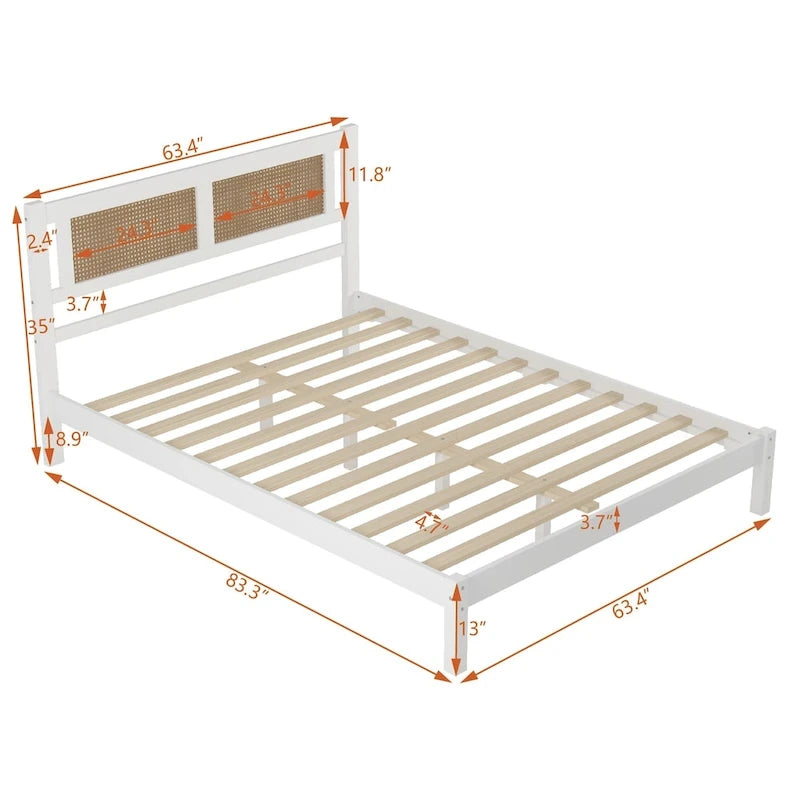 Letto a piattaforma matrimoniale in legno con testiera in rattan naturale, eleganza squisita con fascino minimalista per la camera da letto