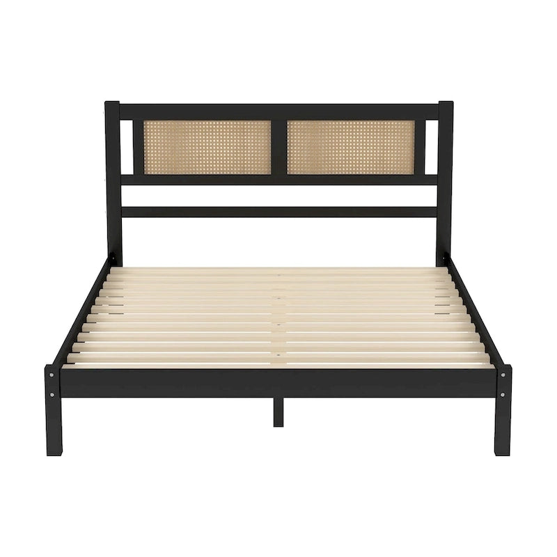 Letto a piattaforma matrimoniale in legno con testiera in rattan naturale, eleganza squisita con fascino minimalista per la camera da letto