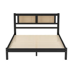 Letto a piattaforma matrimoniale in legno con testiera in rattan naturale, eleganza squisita con fascino minimalista per la camera da letto