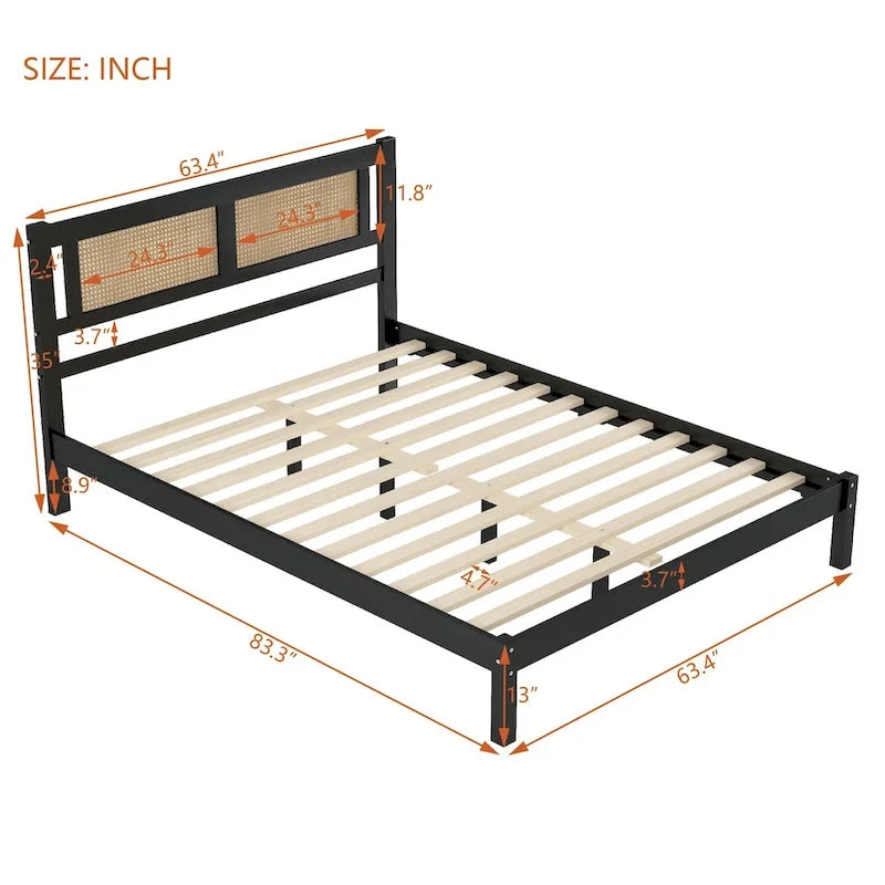 Letto a piattaforma matrimoniale in legno con testiera in rattan naturale, eleganza squisita con fascino minimalista per la camera da letto