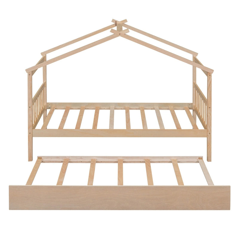 Twin Size Wooden House Bed, Day Bed with Twin Size Trundle