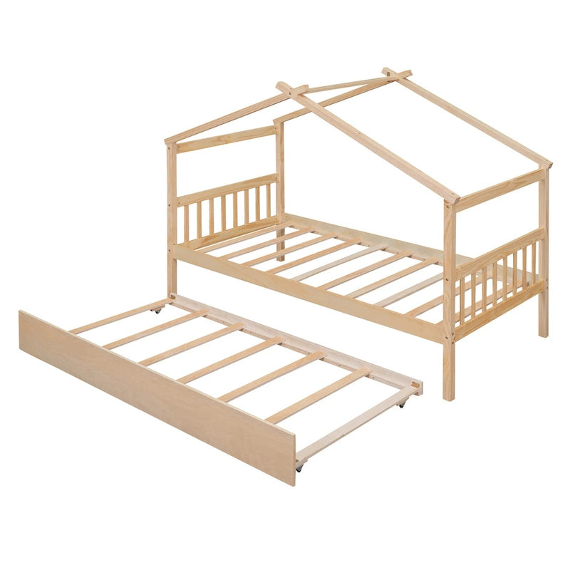 Letto casetta in legno a una piazza, letto da giorno con letto estraibile a una piazza