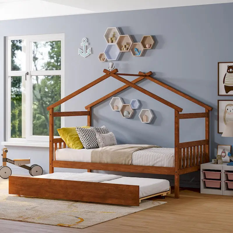 Hausbett aus Holz für Twin-Matratze, Tagesbett mit ausziehbarem Twin-Bett