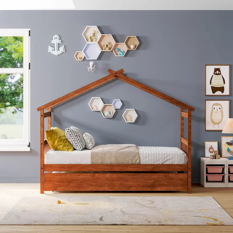 Hausbett aus Holz für Twin-Matratze, Tagesbett mit ausziehbarem Twin-Bett
