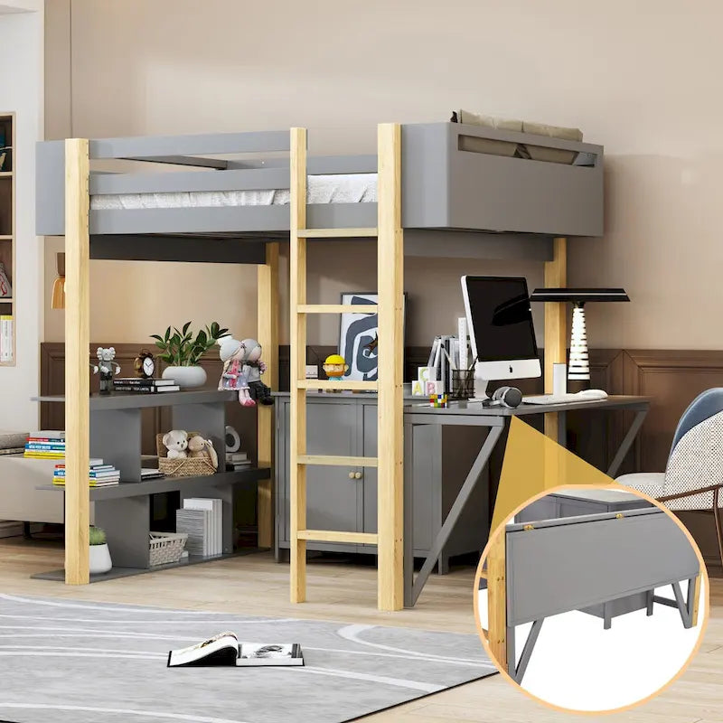 Cama alta de madera de tamaño matrimonial con armario de almacenamiento y estante integrados, escritorio plegable
