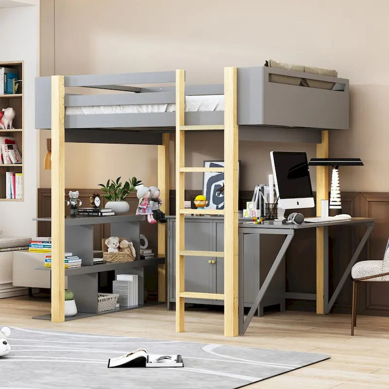 Cama alta de madera de tamaño matrimonial con armario de almacenamiento y estante integrados, escritorio plegable