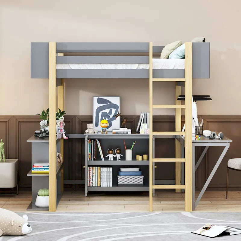 Cama alta de madera de tamaño matrimonial con armario de almacenamiento y estante integrados, escritorio plegable
