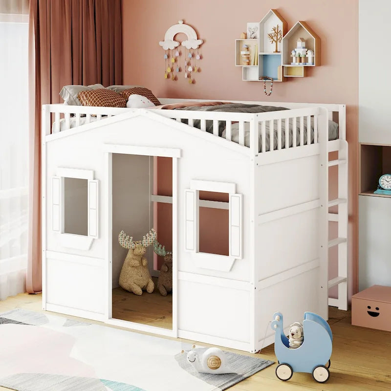 Letto a soppalco in legno a una piazza e mezza con casetta creativa, scala integrata, spazio contenitore sotto il letto e sponda di sicurezza a tutta lunghezza