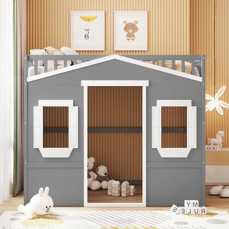Letto a soppalco in legno a una piazza e mezza con casetta creativa, scala integrata, spazio contenitore sotto il letto e sponda di sicurezza a tutta lunghezza