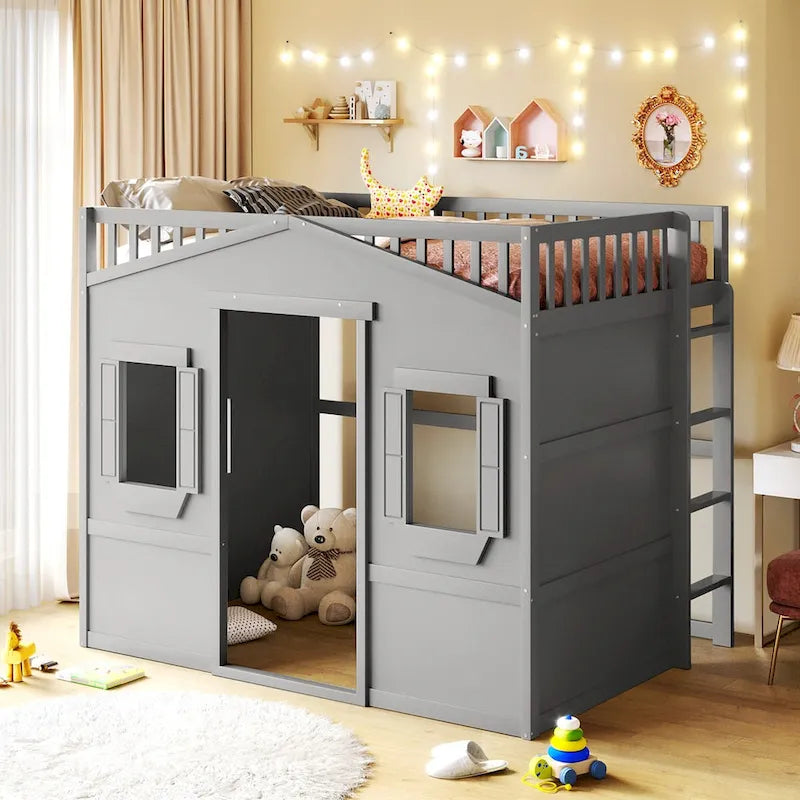 Letto a soppalco in legno a una piazza e mezza con casetta creativa, scala integrata, spazio contenitore sotto il letto e sponda di sicurezza a tutta lunghezza