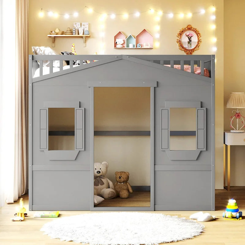 Letto a soppalco in legno a una piazza e mezza con casetta creativa, scala integrata, spazio contenitore sotto il letto e sponda di sicurezza a tutta lunghezza