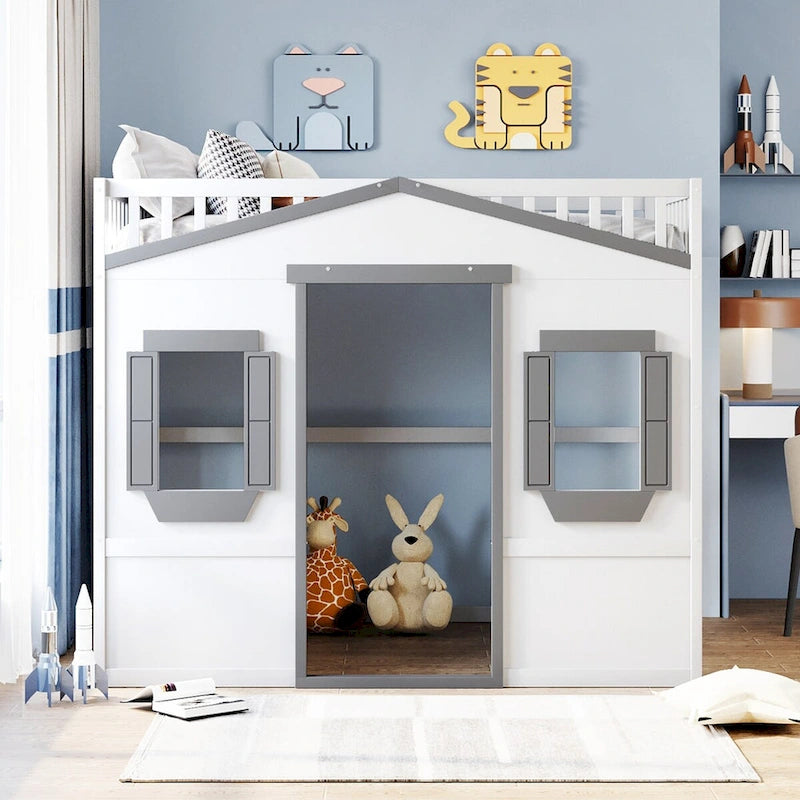 Letto a soppalco in legno a una piazza e mezza con casetta creativa, scala integrata, spazio contenitore sotto il letto e sponda di sicurezza a tutta lunghezza